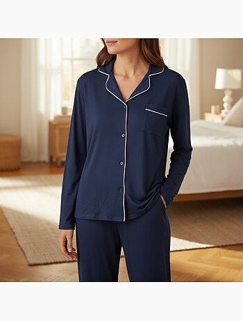 Pijama Largo Mujer Cuello Camisa Pasamanería Blanco INFINITIF PARIS
