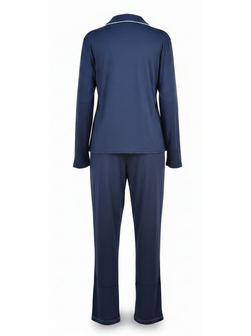 Pijama Largo Mujer Cuello Camisa Pasamanería Blanco INFINITIF PARIS Azul marino - Kiabi