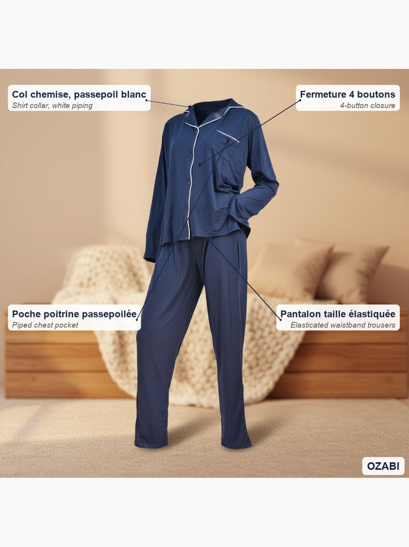 Pijama Largo Mujer Cuello Camisa Pasamanería Blanco INFINITIF PARIS Azul marino - Kiabi