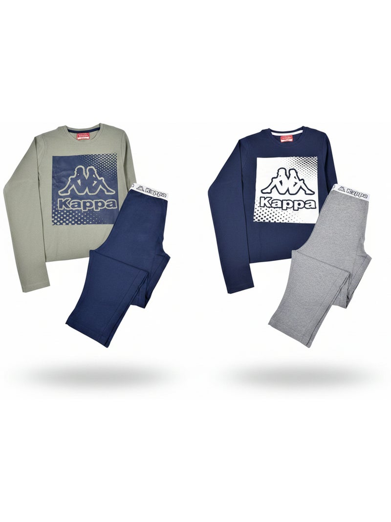 Pijama largo niño pack de 2 algodón logo KAPPA cuello redondo manga larga Azul Caqui - Kiabi