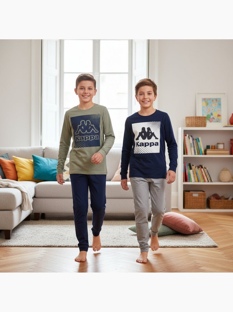 Pijama largo niño pack de 2 algodón logo KAPPA cuello redondo manga larga Azul Caqui - Kiabi