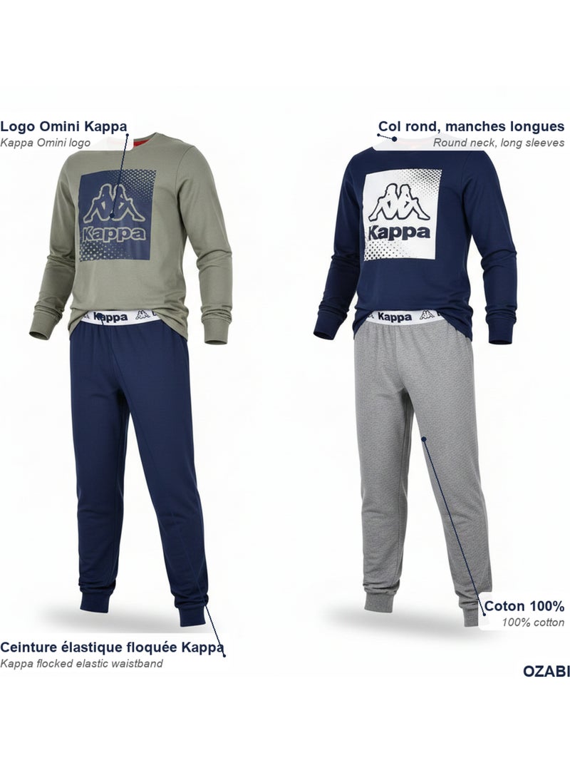 Pijama largo niño pack de 2 algodón logo KAPPA cuello redondo manga larga Azul Caqui - Kiabi