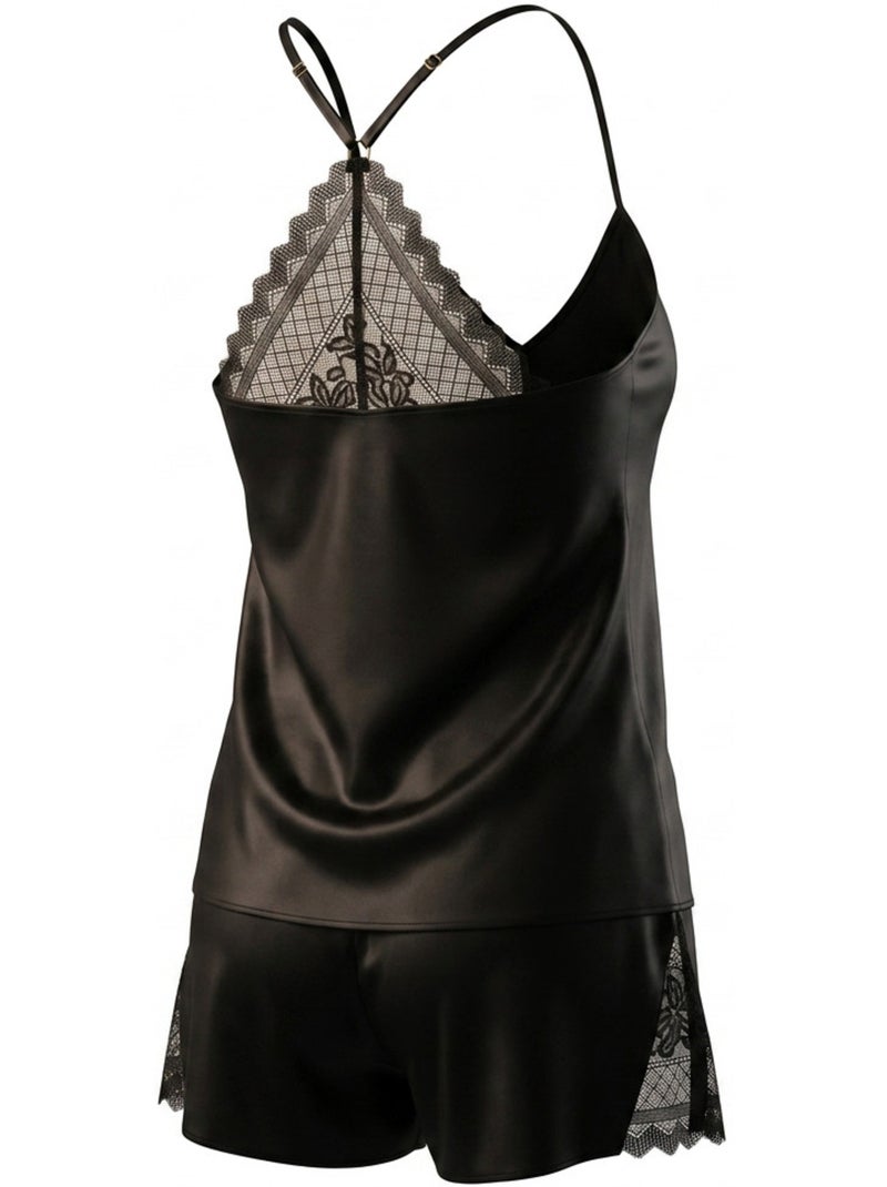 Pijama Mujer Satinado Tirantes Encaje Cuello de Pico Tacto Seda OZABI Negro - Kiabi