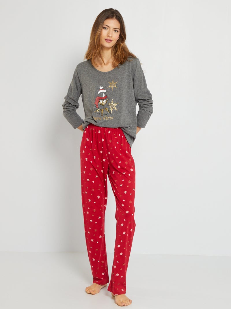 Pijama navideño de punto - 2 piezas gris/rojo - Kiabi