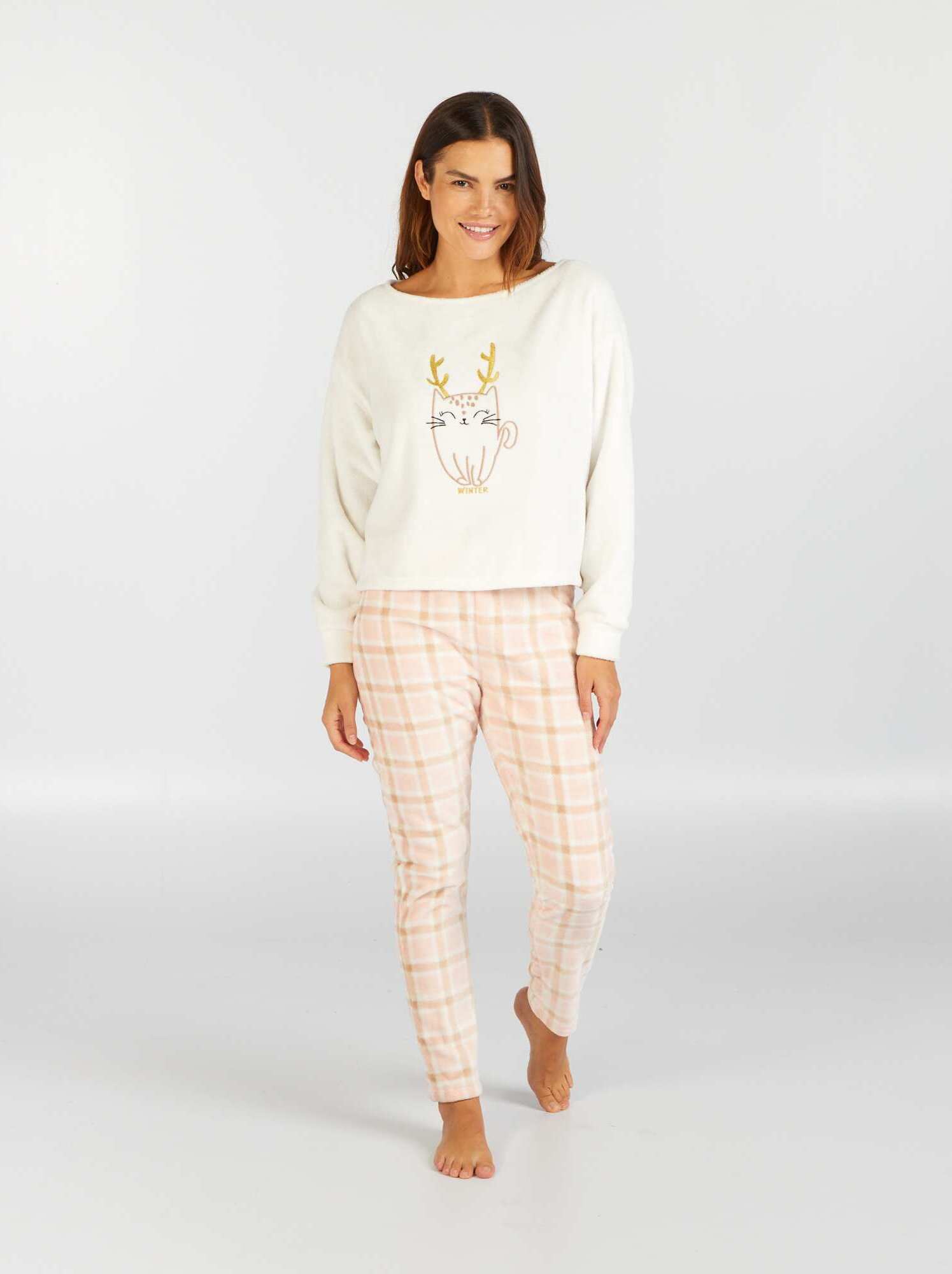 Pijama De Invierno Para Mujer De Polar - Conjunto De Dos Piezas Manga Larga Con Motivo Snoopy, Color Beige