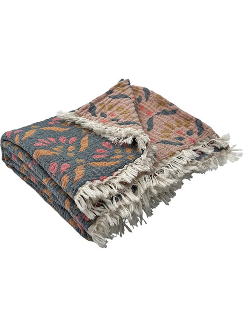 Plaid de gasa de algodón lavado con motivo vegetal - Kiabi Plaid de gasa de algodón lavado con motivo vegetal - Kiabi
