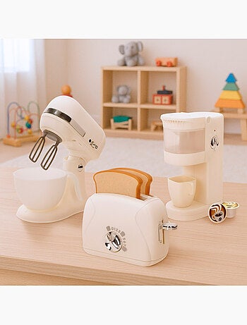 Play set tostadora, batidora y cafetera de juguete con luz y sonido