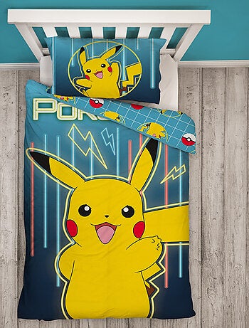 Pokémon, juego de sábanas infantil estampado reversible, PIKACHU LASER, funda nórdica 140x200 cm
