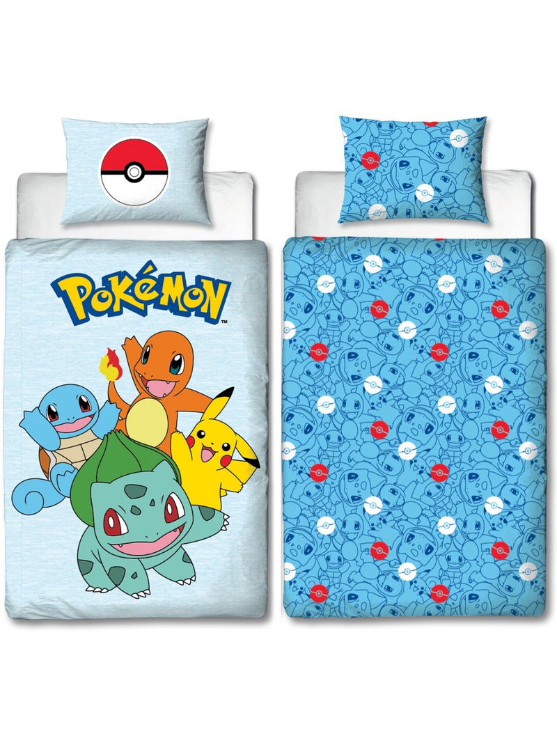 Pokémon, Juego de sábanas infantil reversible, Pikachu Starter Team, funda nórdica 140x200 cm Azul - Kiabi