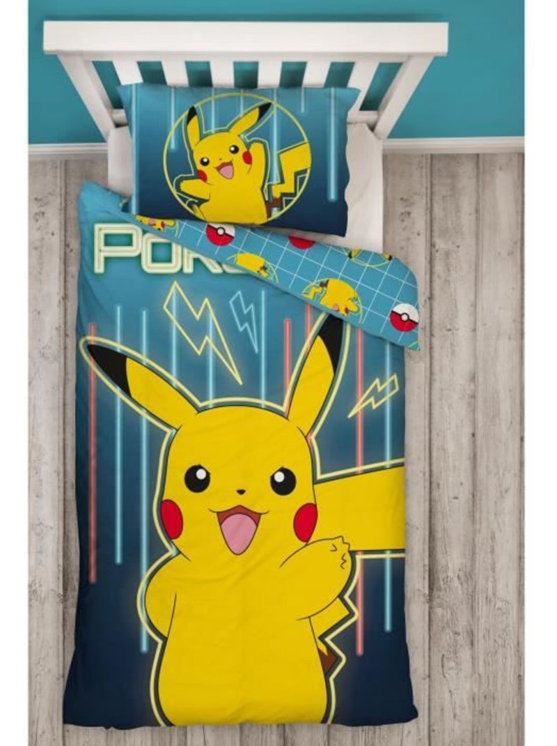 Pok?mon, juego de s?banas infantil estampado reversible, PIKACHU LASER, funda n?rdica 140x200 cm Azul - Kiabi