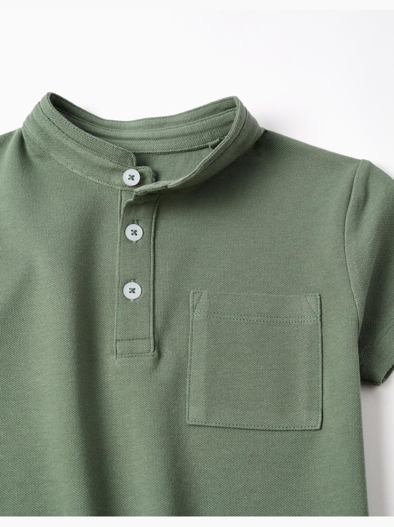 Polo de algodón con cuello mao y bolsillo Verde oscuro - Kiabi