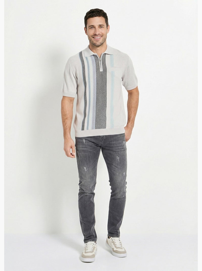 Polo de manga corta con cremallera y rayas jacquard - Afibel Gris - Kiabi