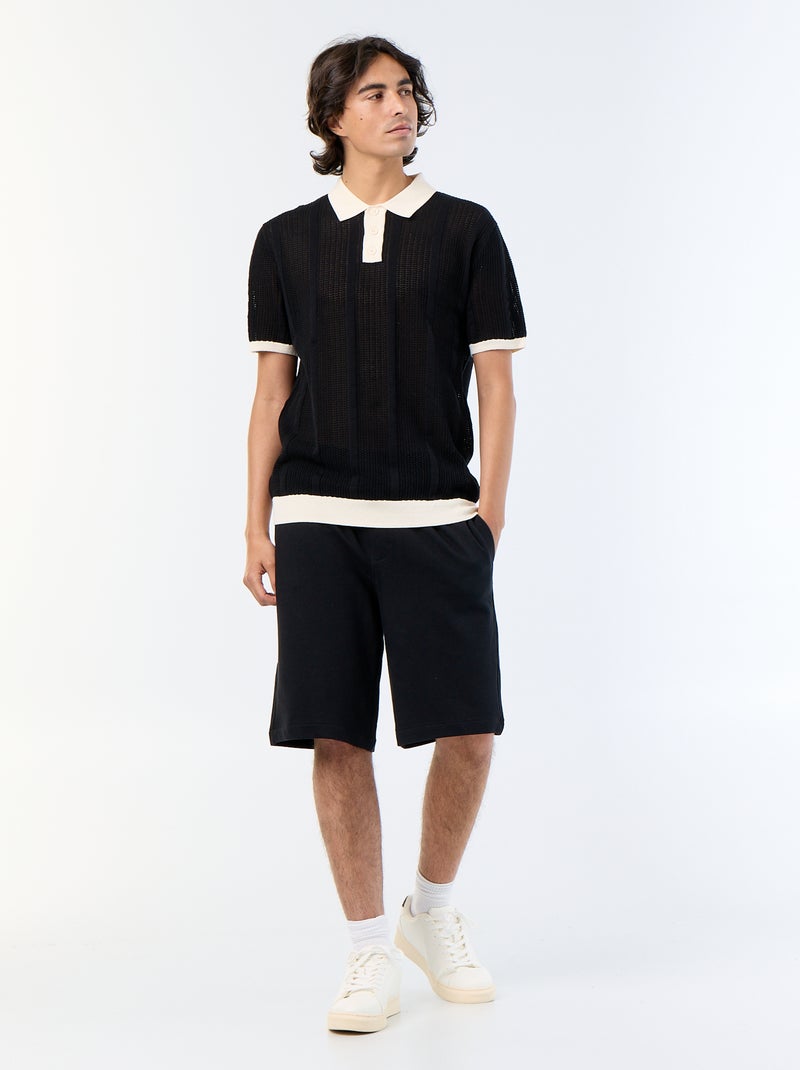 Polo de manga corta de punto calado Negro - Kiabi