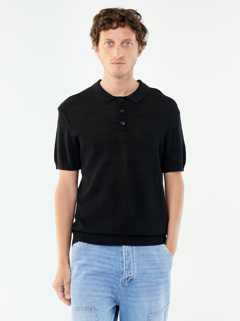 Polo de manga corta de punto calado Negro - Kiabi