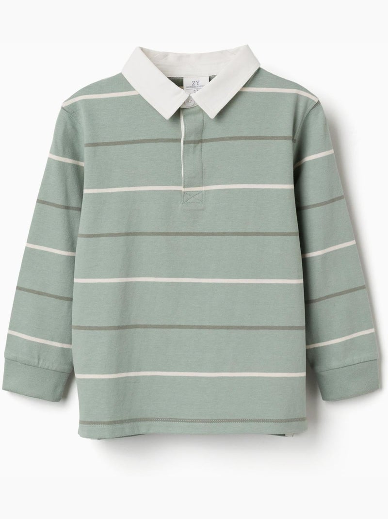 Polo de manga larga de algodón a rayas B&S Verde claro - Kiabi