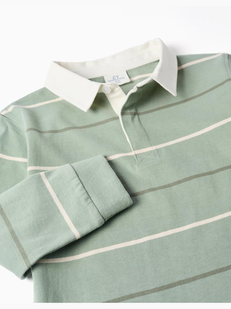 Polo de manga larga de algodón a rayas B&S Verde claro - Kiabi