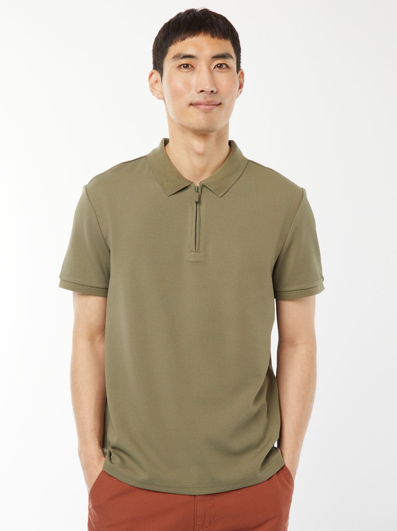 Polo de panal de abeja con cremallera en el cuello VERDE - Kiabi