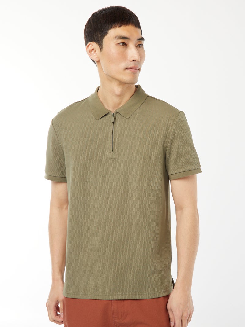Polo de panal de abeja con cremallera en el cuello VERDE - Kiabi