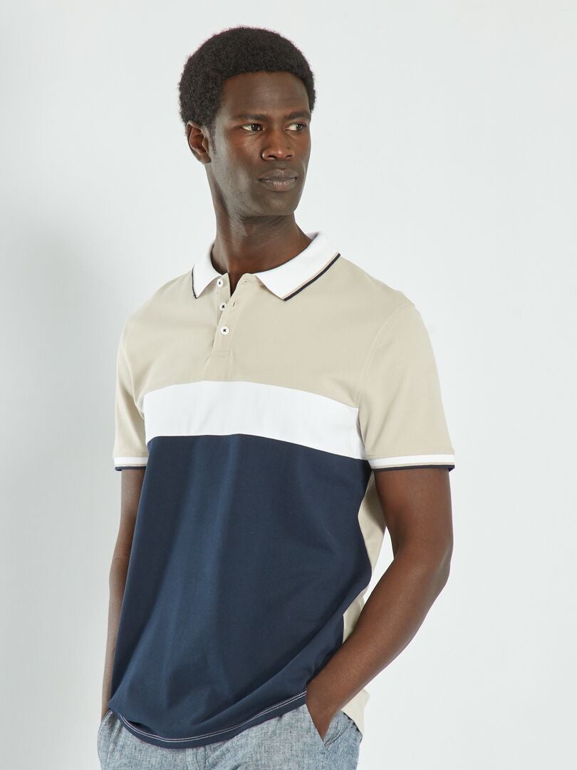 Polo de piqué de algodón colorblock beige - Kiabi