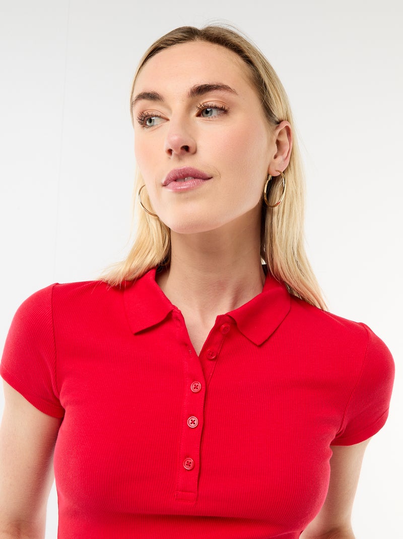 Polo de punto canalé de manga corta Rojo - Kiabi