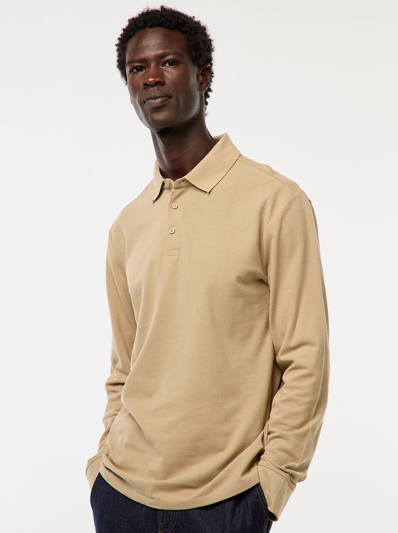 Polo de punto de piqué liso de manga larga Beige - Kiabi