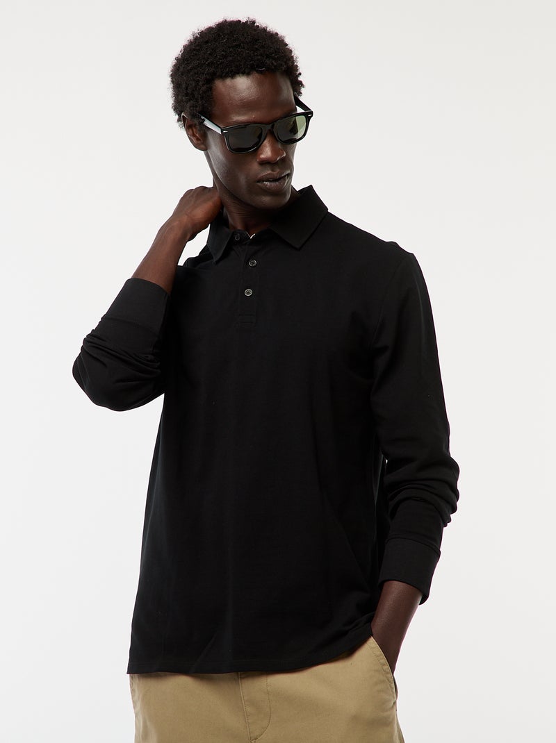 Polo de punto de piqué liso de manga larga negro - Kiabi