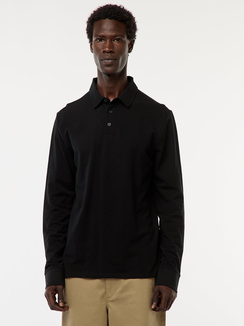 Polo de punto de piqué liso de manga larga negro - Kiabi