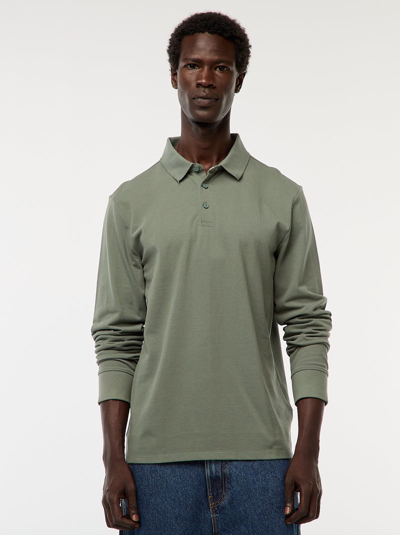 Polo de punto de piqué liso de manga larga Verde - Kiabi