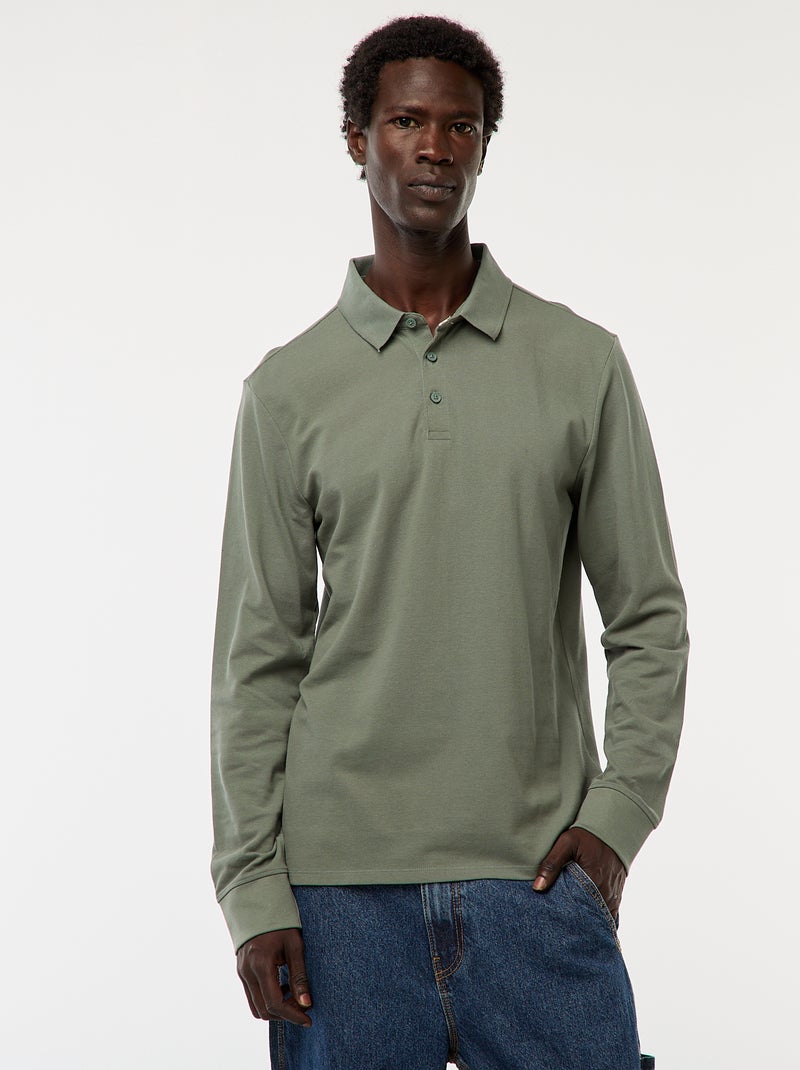 Polo de punto de piqué liso de manga larga Verde - Kiabi
