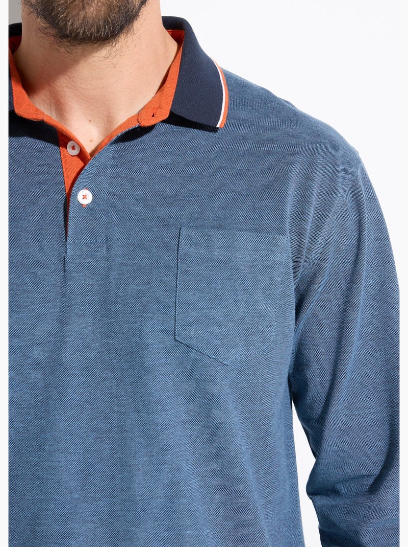 Polo de punto piqué de algodón de manga larga - Afibel Azul - Kiabi