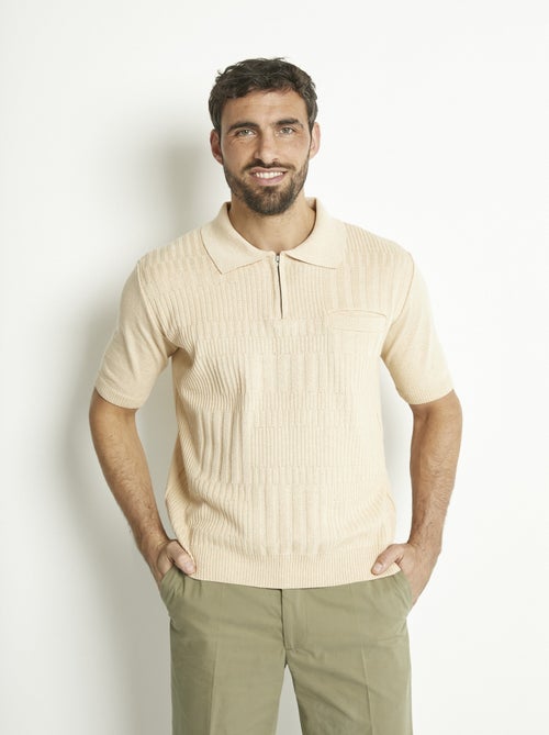 Polo liso de manga corta de algodón cardado con cremallera - Afibel - Kiabi