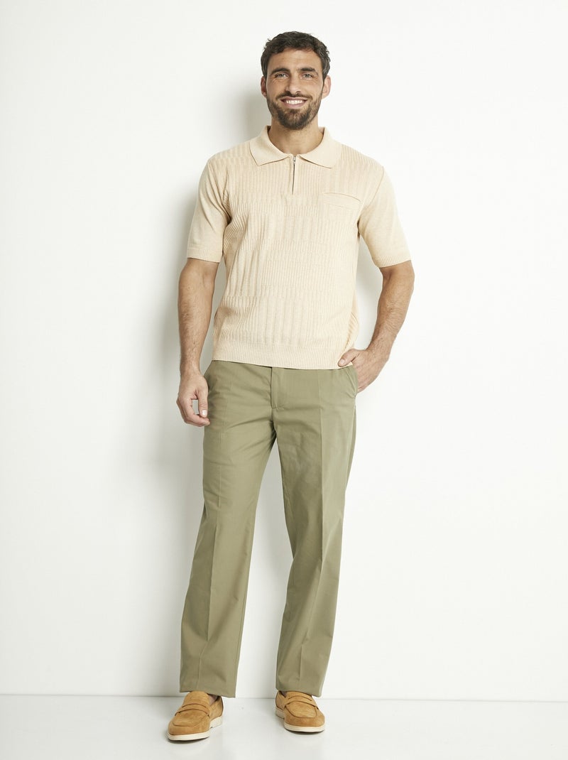 Polo liso de manga corta de algodón cardado con cremallera - Afibel Beige - Kiabi