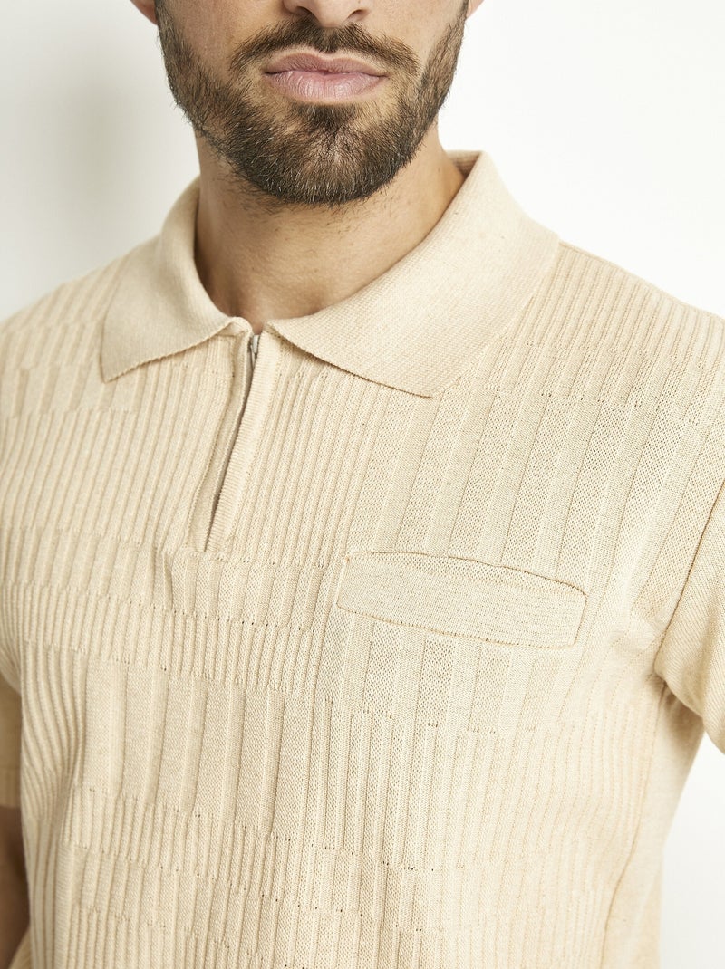 Polo liso de manga corta de algodón cardado con cremallera - Afibel Beige - Kiabi