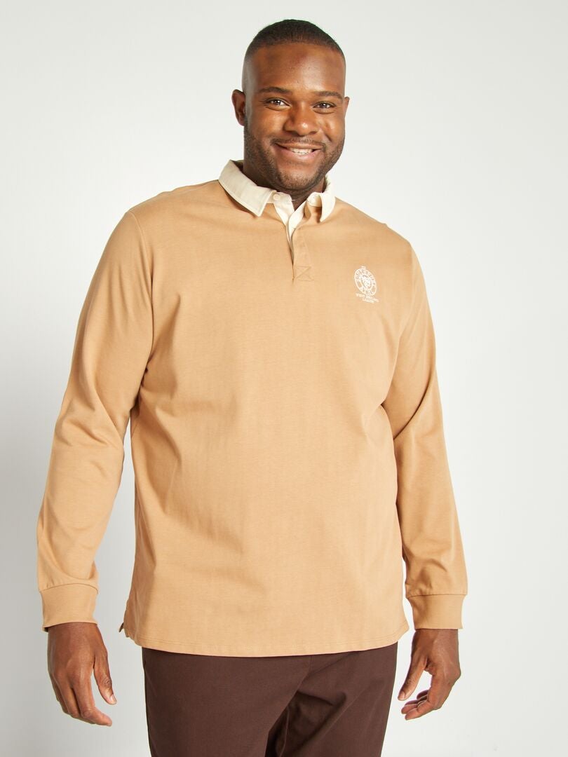 Polo liso de manga larga de estilo rugby BEIGE - Kiabi