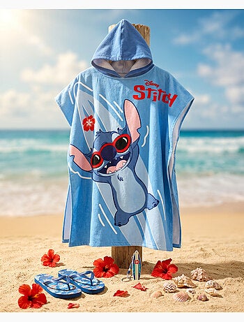 Poncho de Playa Disney Stitch Surf 55x110cm – Olas Azul Hibisco Rojo – Capucha – 100% Poliéster – Li