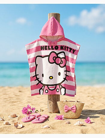 Poncho de Playa Hello Kitty 60x120cm – Rayas Rosa Blanco – Capucha Puntiaguda – 100% Poliéster – Lic