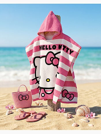 Poncho de Playa Hello Kitty 60x120cm – Rayas Rosa Blanco – Capucha Puntiaguda – 100% Poliéster – Lic