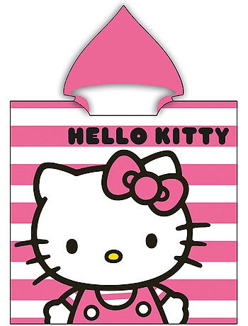 Poncho de Playa Hello Kitty 60x120cm – Rayas Rosa Blanco – Capucha Puntiaguda – 100% Poliéster – Lic
