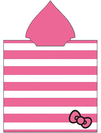 Poncho de Playa Hello Kitty 60x120cm – Rayas Rosa Blanco – Capucha Puntiaguda – 100% Poliéster – Lic