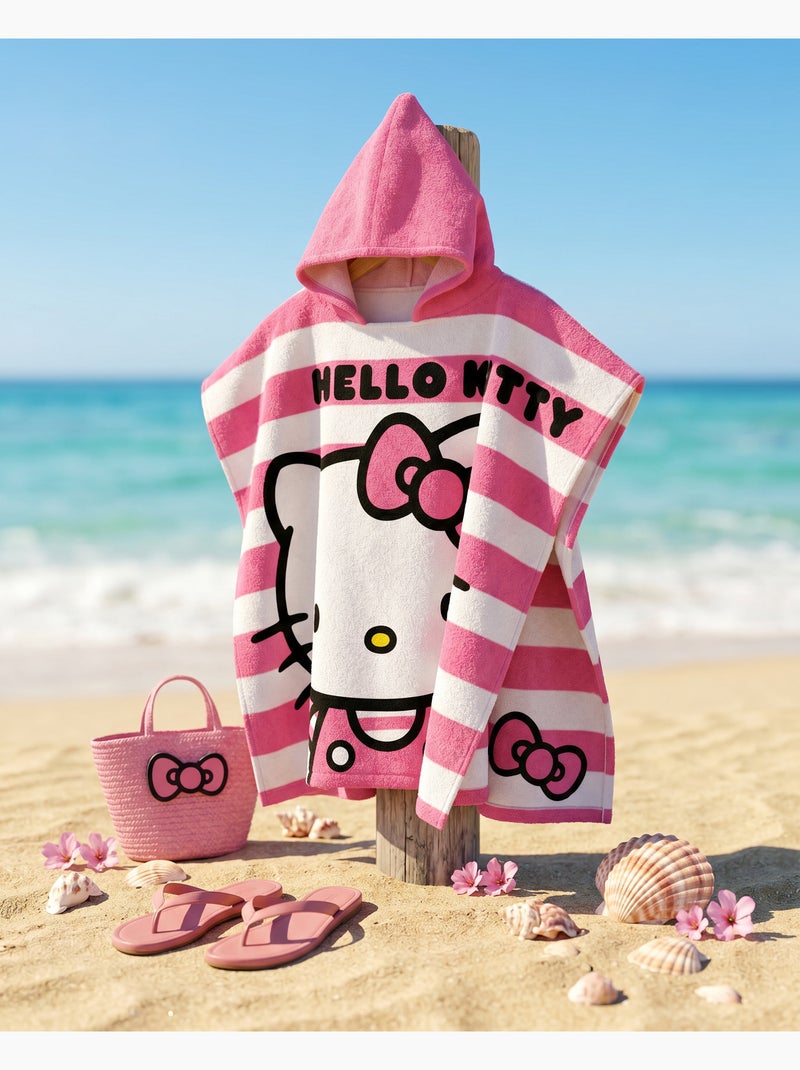 Poncho de Playa Hello Kitty 60x120cm – Rayas Rosa Blanco – Capucha Puntiaguda – 100% Poliéster – Lic Beige/Rosa - Kiabi
