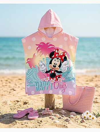 Poncho de Playa Minnie Mouse Happy Days 55x110cm – Pastel Rosa – Capucha – 100% Poliéster – Licencia