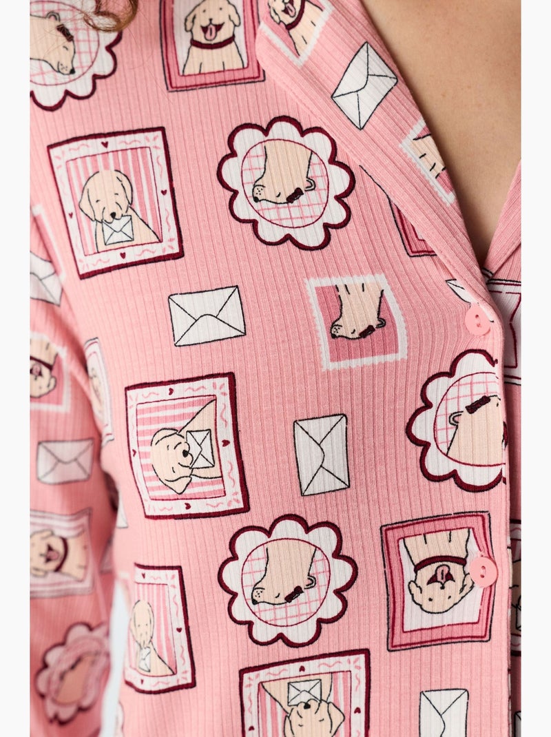 Postcard conjunto de pijama de camisa y pantalón acanalado de manga larga penti Rosa - Kiabi