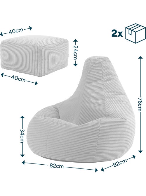 Pouf sillón dalton con respaldo alto y reposapiés cuadrado de pana - icon - Kiabi