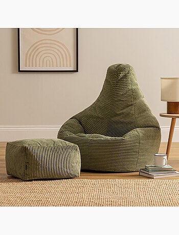 Pouf sillón dalton con respaldo alto y reposapiés cuadrado de pana - icon