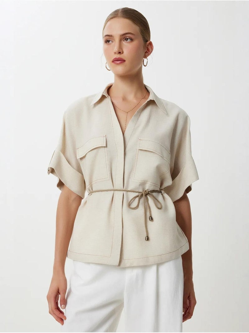 Preciosa camisa holgada con cordón y detalle de ribete de estambul istanbul Beige arcilla - Kiabi