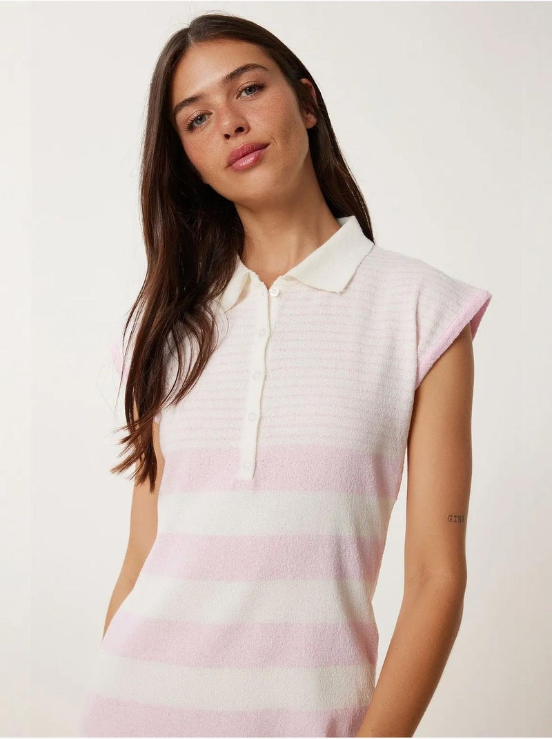 Precioso vestido de punto ajustado a rayas de estambul con cuello camisero istanbul Rosa claro - Kiabi
