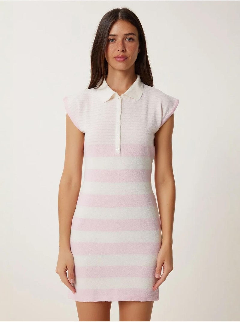 Precioso vestido de punto ajustado a rayas de estambul con cuello camisero istanbul Rosa claro - Kiabi