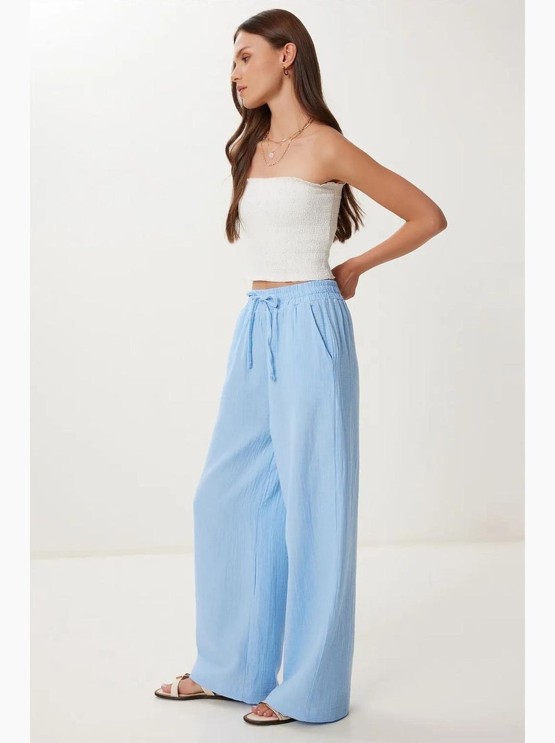 Preciosos pantalones estambul de pierna ancha con cordón y detalle de ribete. Istanbul Azul cielo - Kiabi