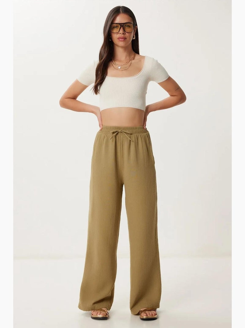 Preciosos pantalones estambul de pierna ancha con cordón y detalle de ribete. Istanbul Caqui - Kiabi