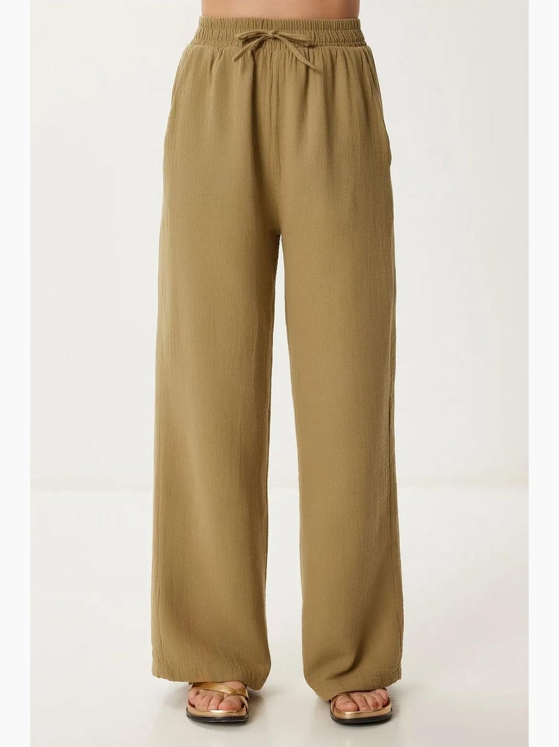 Preciosos pantalones estambul de pierna ancha con cordón y detalle de ribete. Istanbul Caqui - Kiabi